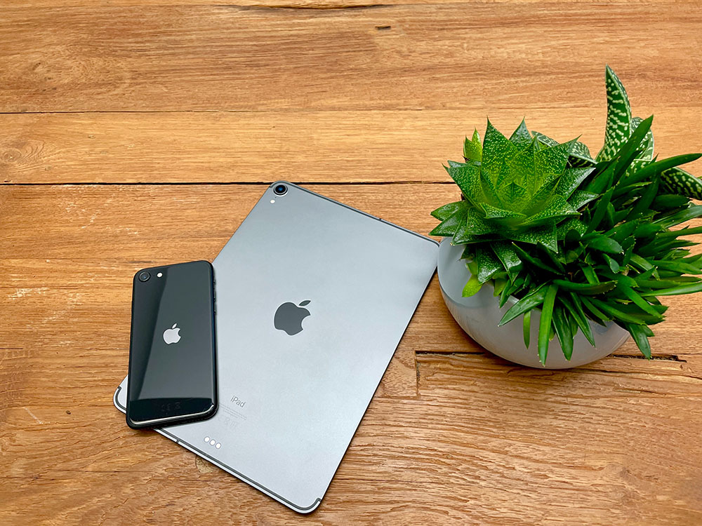 an ipad and iphone on wooden table beside a cacti in white pot
