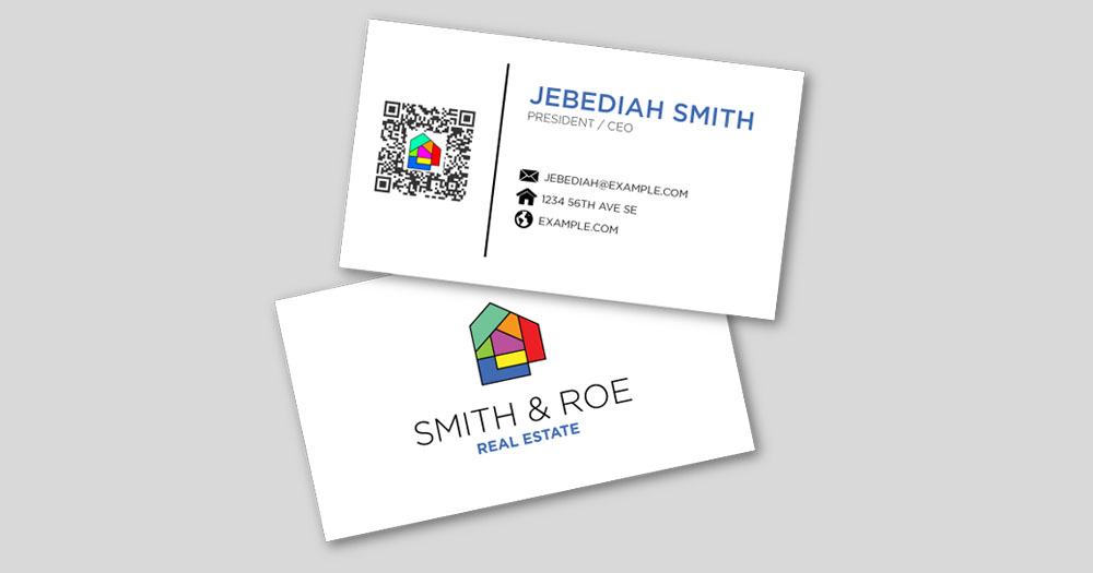 business card front and back with a qr code on the front