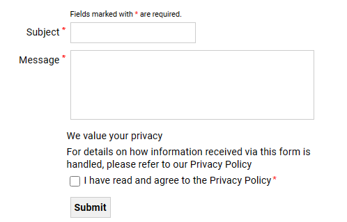 privacy policy checkbox contact us form in wdx