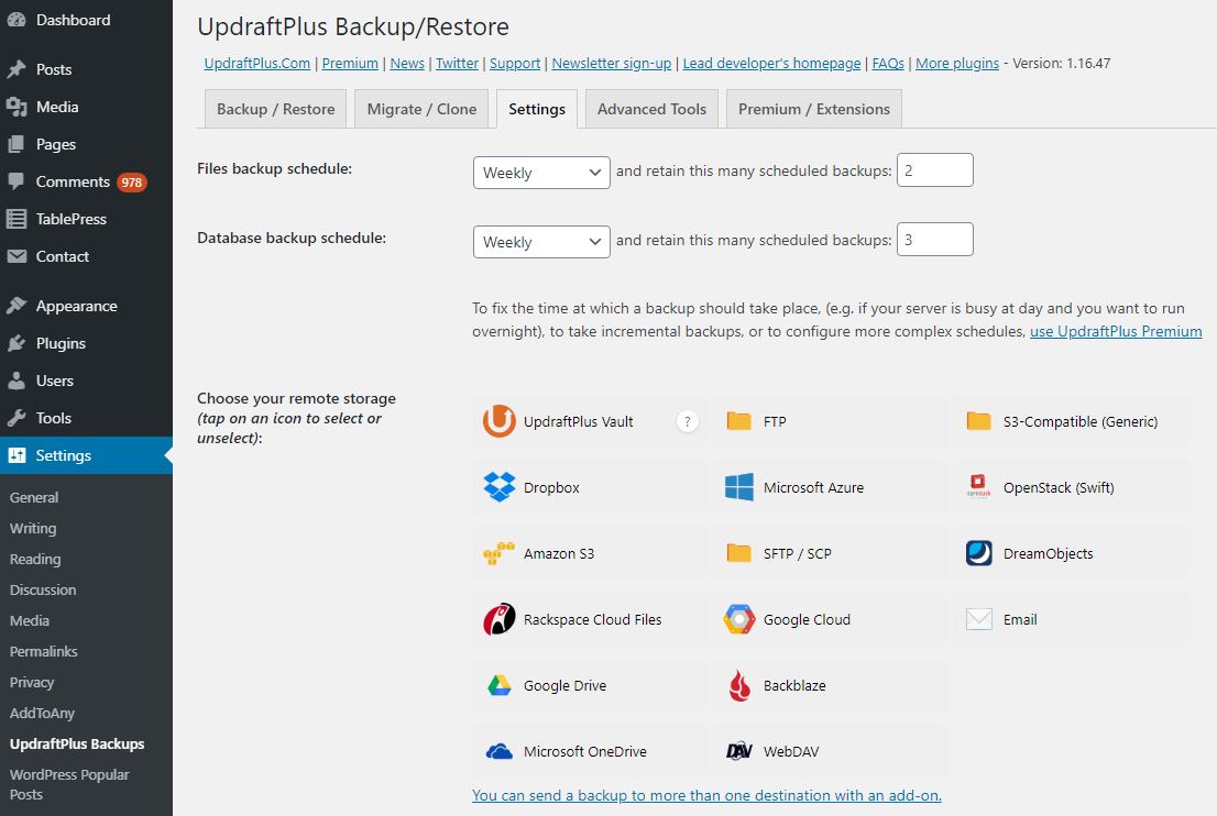 UpdraftPlus WordPress backup selection screen