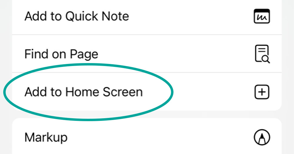 add to home screen on iPhone screenshot option circled