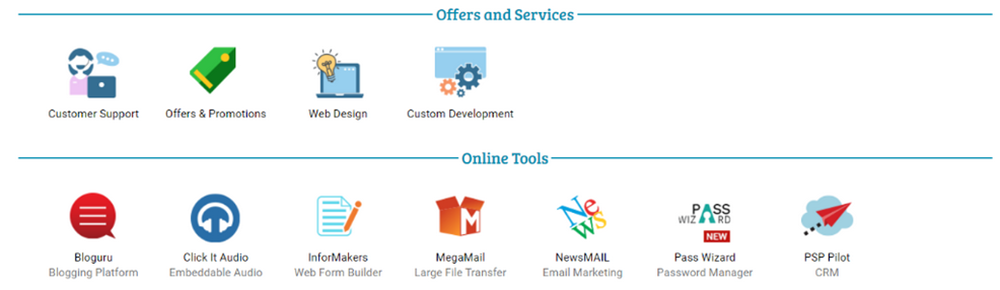 screenshot of the new user panel in dreamersi that shows the offers and services section and the online tools section