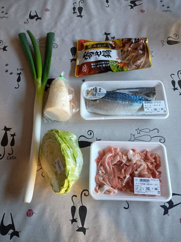 肉、魚、野菜を準備