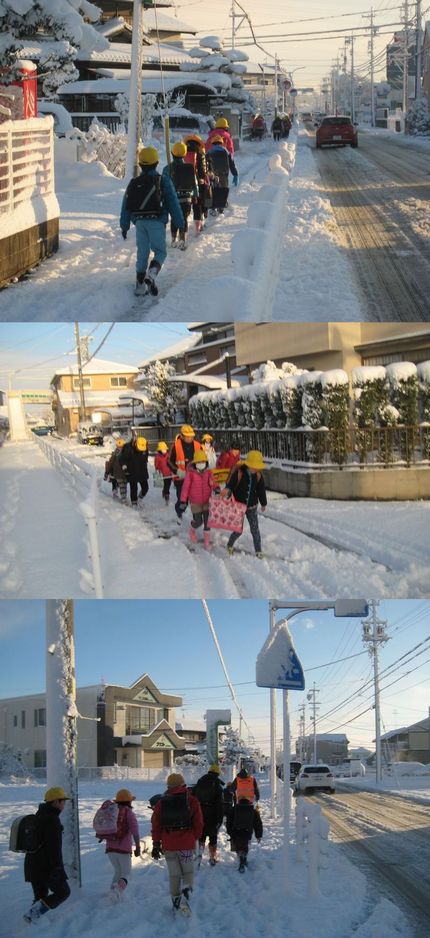 雪道の通学団