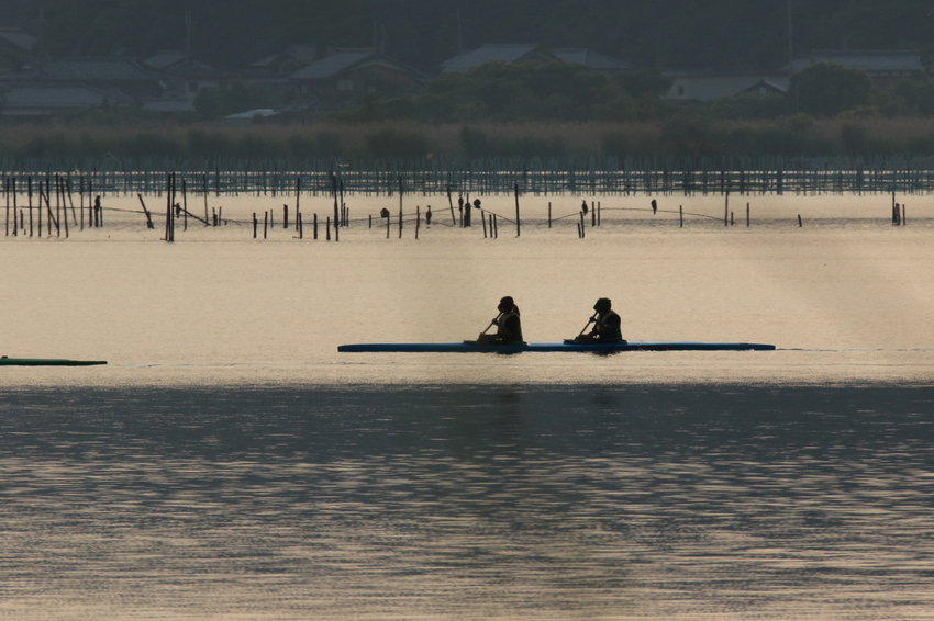 琵琶湖西の湖でボートの練習をす...